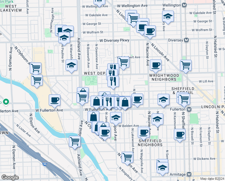 map of restaurants, bars, coffee shops, grocery stores, and more near 2447 North Southport Avenue in Chicago
