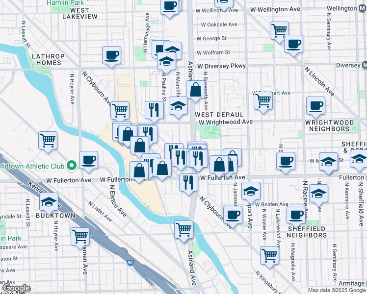 map of restaurants, bars, coffee shops, grocery stores, and more near 2439 North Marshfield Avenue in Chicago