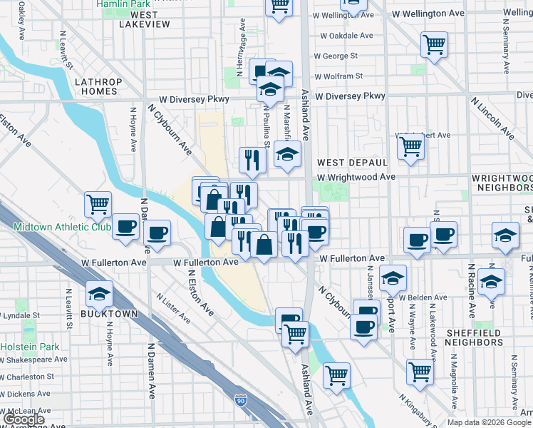 map of restaurants, bars, coffee shops, grocery stores, and more near 2449 North Clybourn Avenue in Chicago