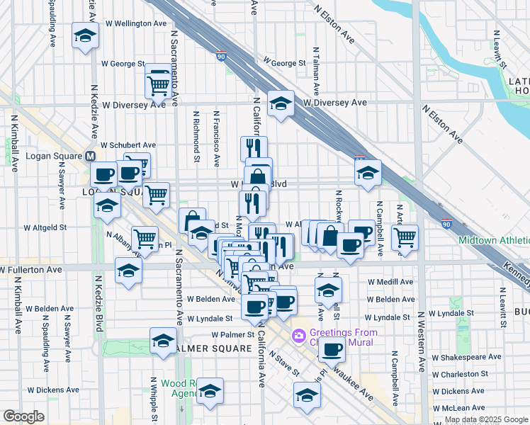 map of restaurants, bars, coffee shops, grocery stores, and more near 2515 North California Avenue in Chicago