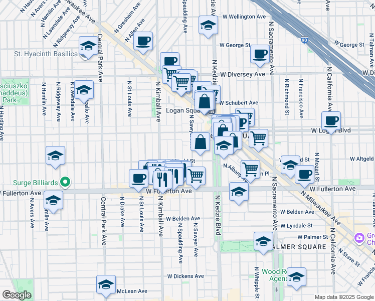 map of restaurants, bars, coffee shops, grocery stores, and more near 2500 North Sawyer Avenue in Chicago