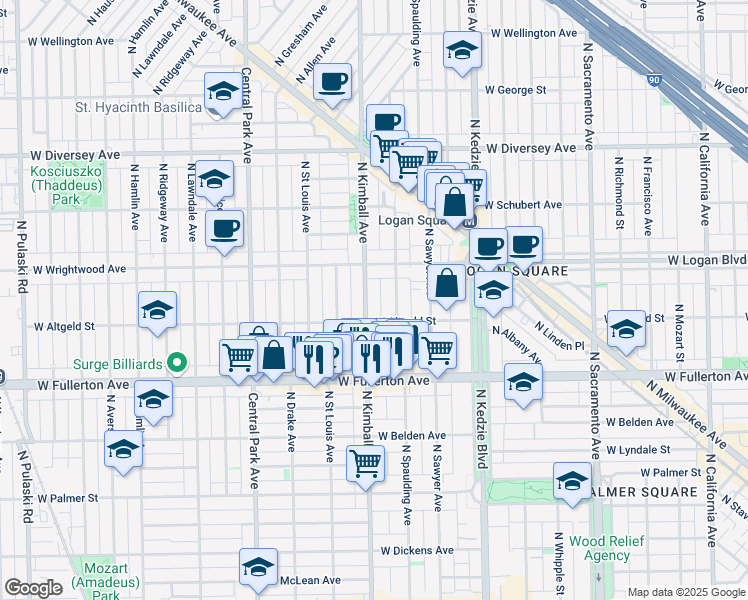 map of restaurants, bars, coffee shops, grocery stores, and more near 2456 North Kimball Avenue in Chicago