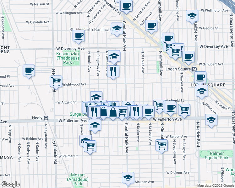 map of restaurants, bars, coffee shops, grocery stores, and more near 2500 North Monticello Avenue in Chicago