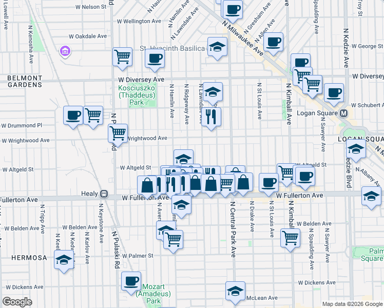 map of restaurants, bars, coffee shops, grocery stores, and more near 3710 West Altgeld Street in Chicago