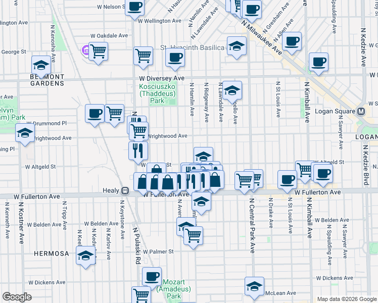 map of restaurants, bars, coffee shops, grocery stores, and more near 2503 North Avers Avenue in Chicago