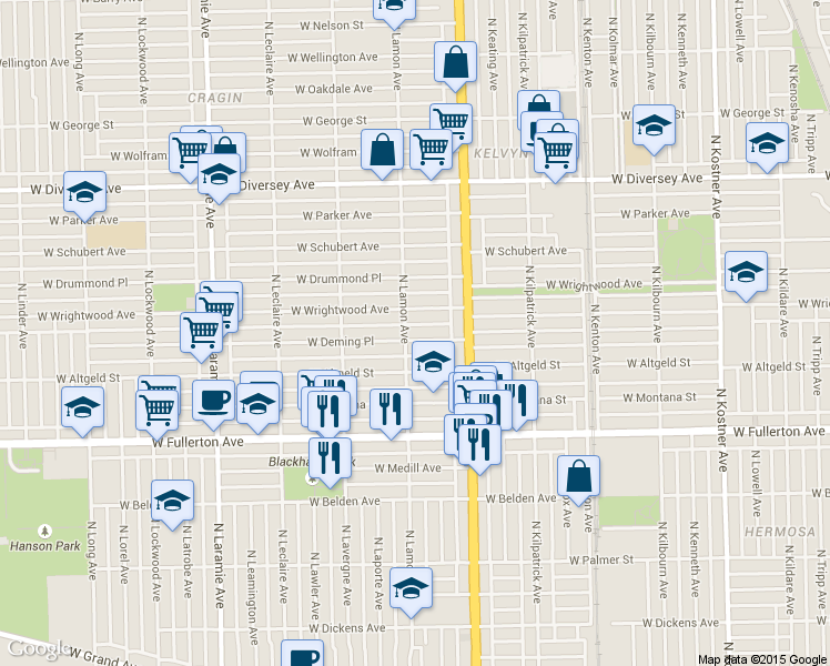 map of restaurants, bars, coffee shops, grocery stores, and more near 4852 West Altgeld Street in Chicago
