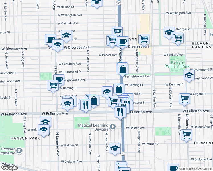 map of restaurants, bars, coffee shops, grocery stores, and more near 4852 West Altgeld Street in Chicago