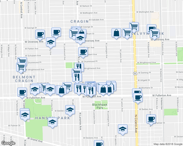 map of restaurants, bars, coffee shops, grocery stores, and more near 5117 West Deming Place in Chicago