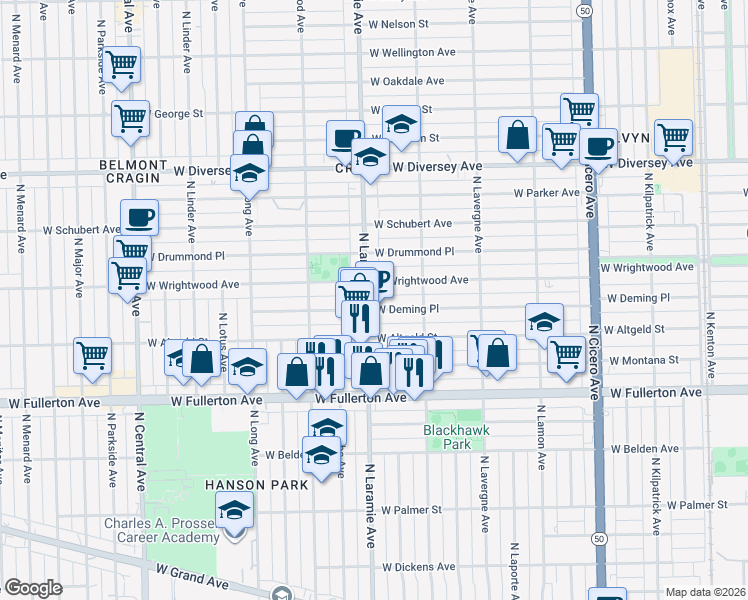 map of restaurants, bars, coffee shops, grocery stores, and more near 2515 North Laramie Avenue in Chicago