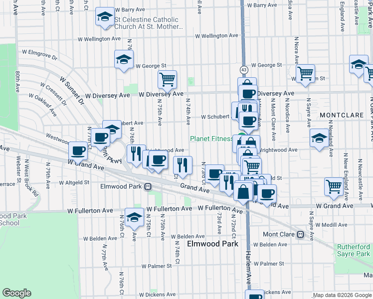 map of restaurants, bars, coffee shops, grocery stores, and more near 2530 North 74th Avenue in Elmwood Park