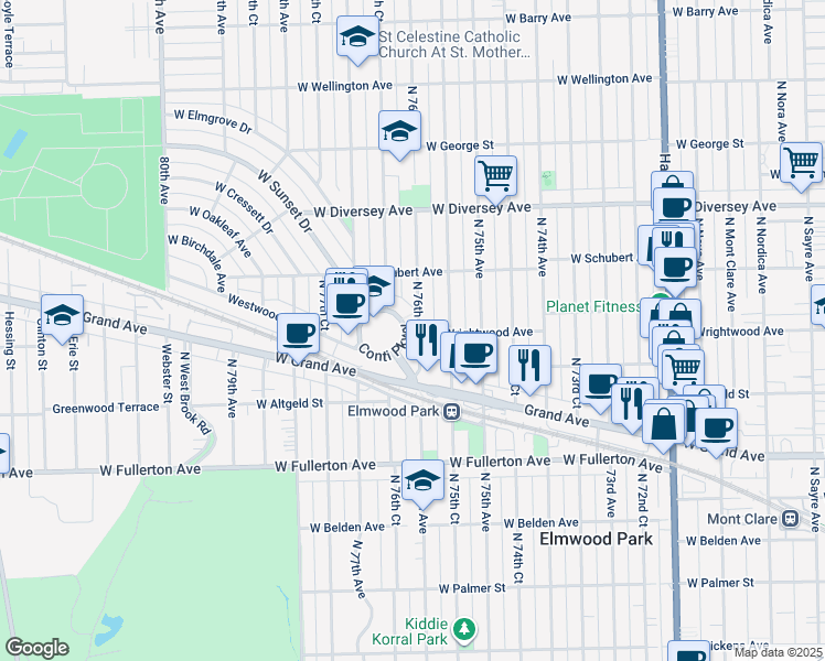 map of restaurants, bars, coffee shops, grocery stores, and more near 2531 North 76th Avenue in Elmwood Park