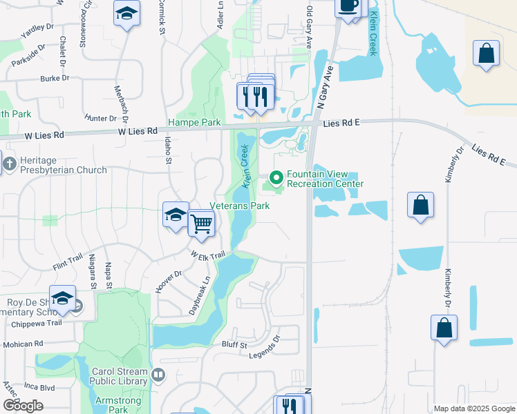 map of restaurants, bars, coffee shops, grocery stores, and more near 147 West Elk Trail in Carol Stream