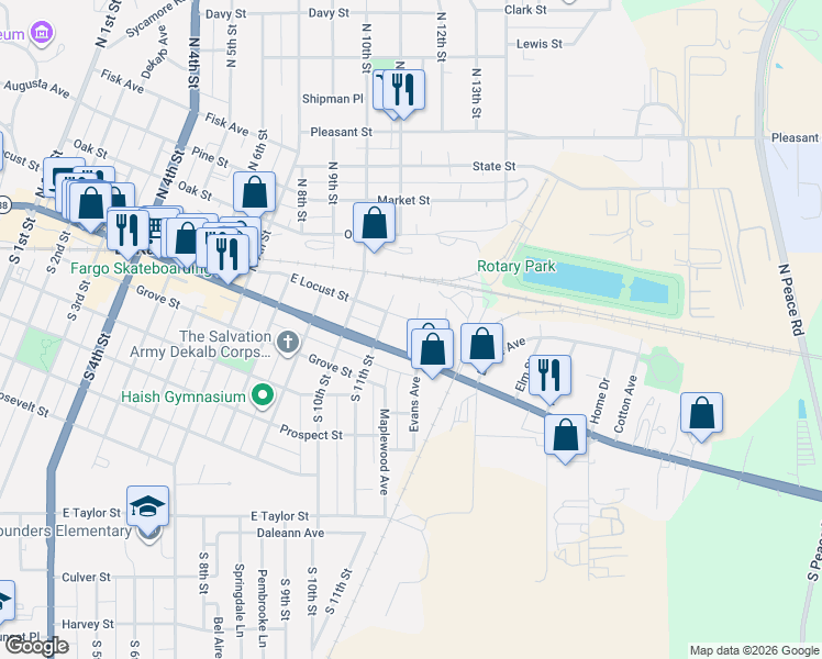 map of restaurants, bars, coffee shops, grocery stores, and more near 1124 East Lincoln Highway in DeKalb