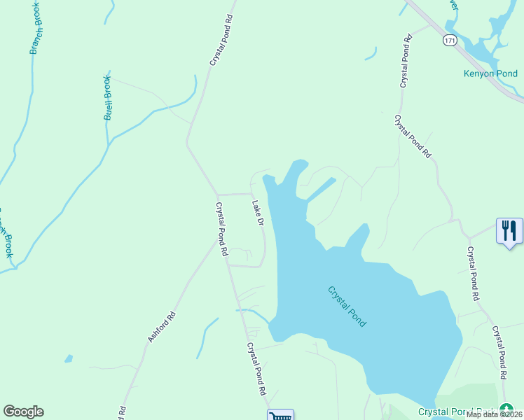 map of restaurants, bars, coffee shops, grocery stores, and more near 49 Lake Drive in Eastford