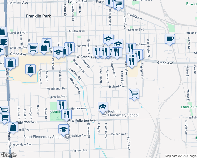 map of restaurants, bars, coffee shops, grocery stores, and more near 2623 Elder Lane in Franklin Park