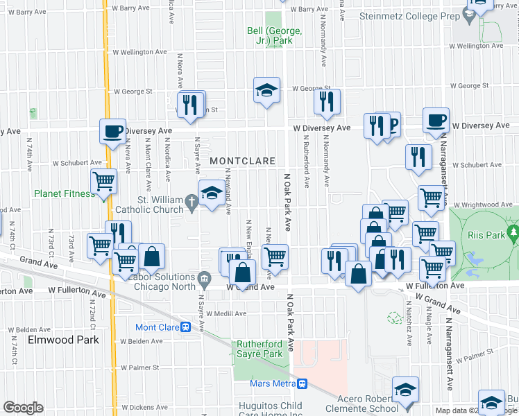map of restaurants, bars, coffee shops, grocery stores, and more near 6854 West Wrightwood Avenue in Chicago