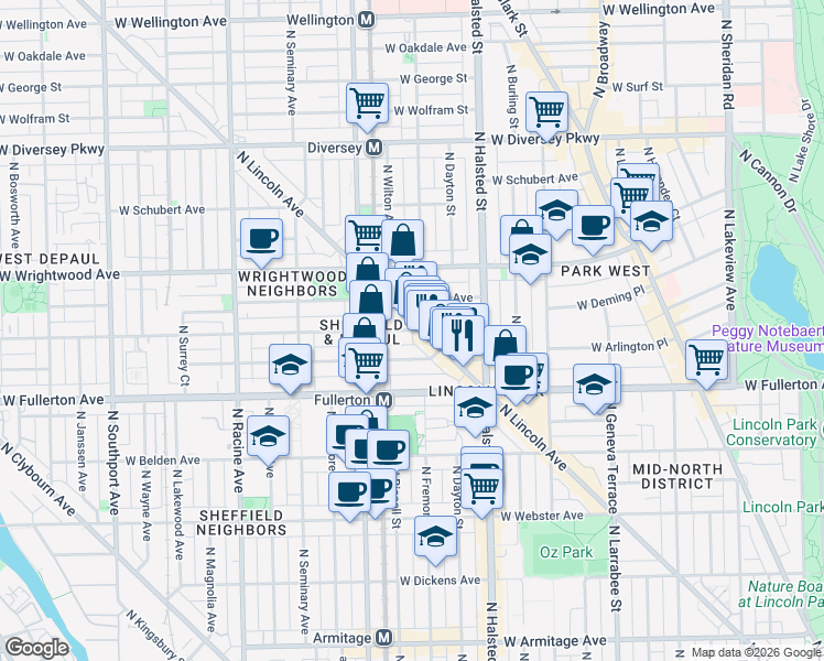 map of restaurants, bars, coffee shops, grocery stores, and more near 2442 North Lincoln Avenue in Chicago