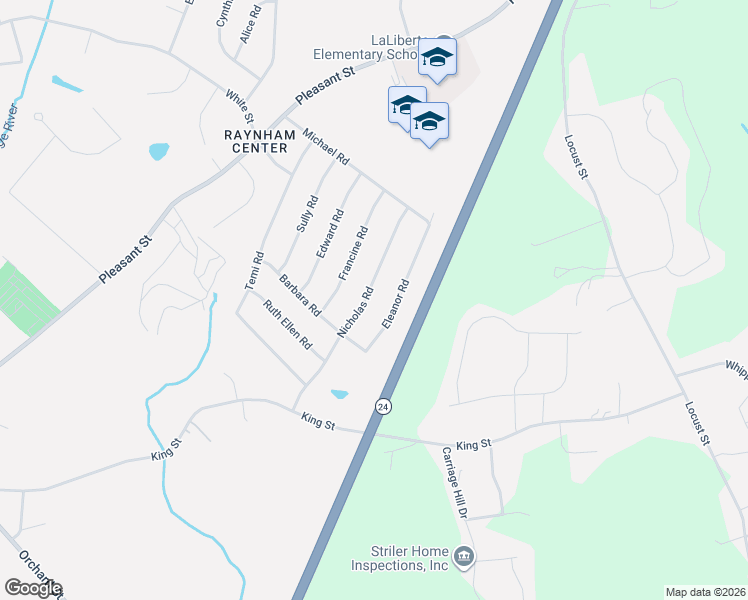 map of restaurants, bars, coffee shops, grocery stores, and more near 157 Nicholas Road in Raynham