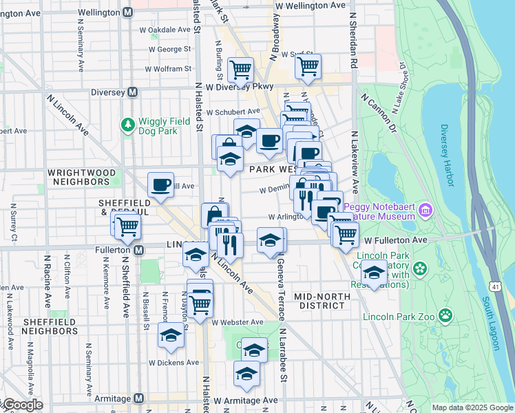 map of restaurants, bars, coffee shops, grocery stores, and more near 623 West Arlington Place in Chicago