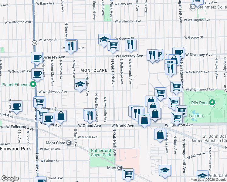 map of restaurants, bars, coffee shops, grocery stores, and more near 6801 West Wrightwood Avenue in Chicago