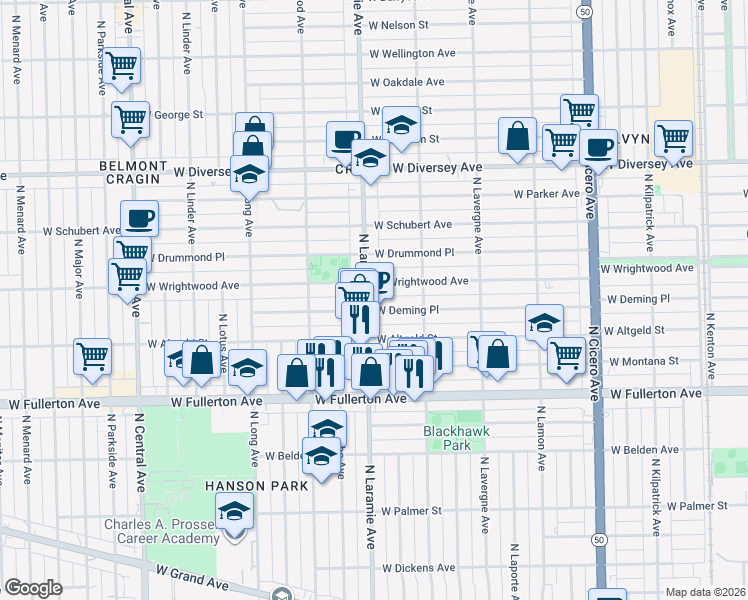map of restaurants, bars, coffee shops, grocery stores, and more near 2515 North Laramie Avenue in Chicago