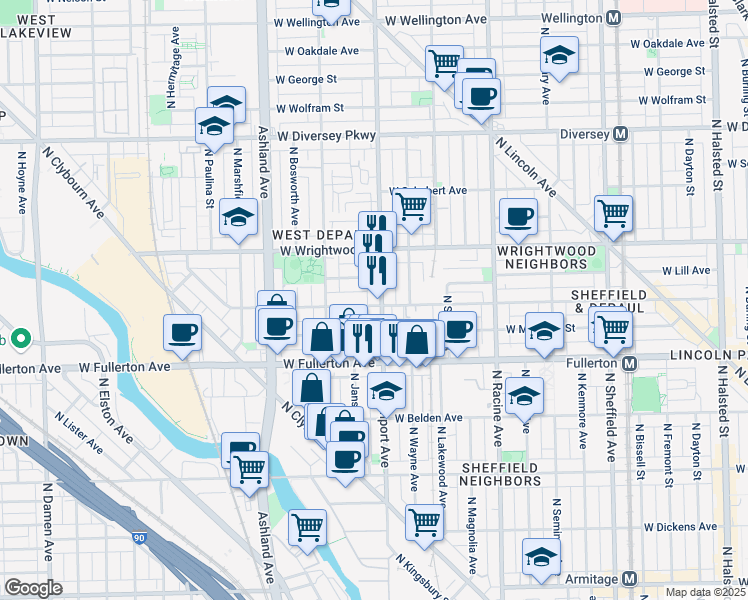 map of restaurants, bars, coffee shops, grocery stores, and more near 2447 North Southport Avenue in Chicago