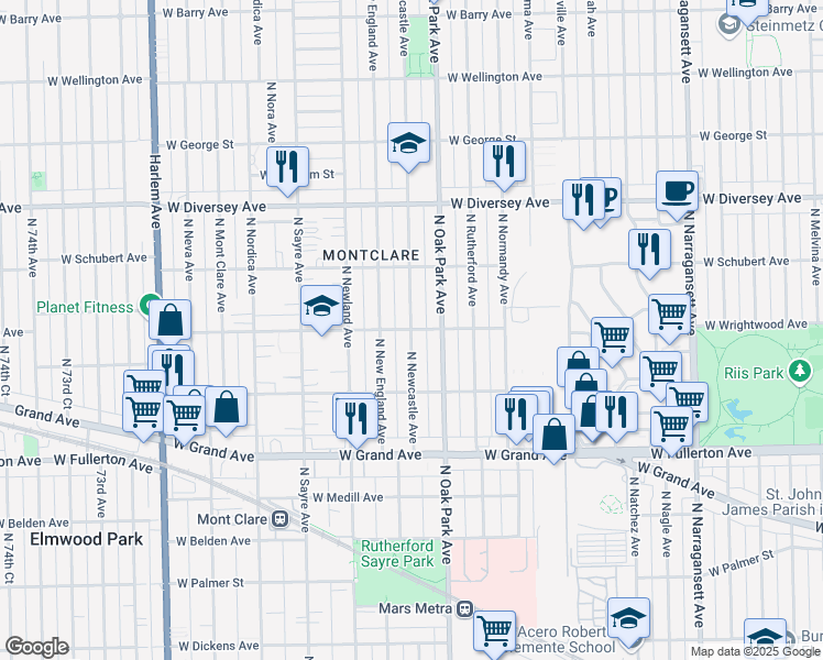 map of restaurants, bars, coffee shops, grocery stores, and more near 6831 West Wrightwood Avenue in Chicago