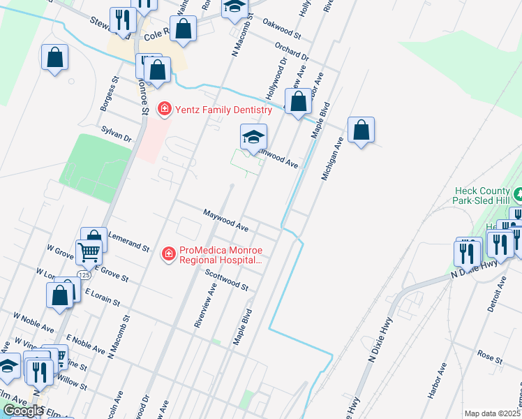 map of restaurants, bars, coffee shops, grocery stores, and more near 1008 Riverview Avenue in Monroe