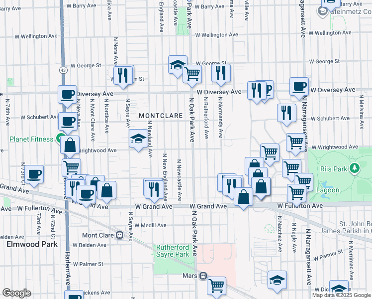 map of restaurants, bars, coffee shops, grocery stores, and more near 6815 West Wrightwood Avenue in Chicago