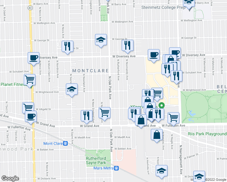 map of restaurants, bars, coffee shops, grocery stores, and more near 6774 West Wrightwood Avenue in Chicago