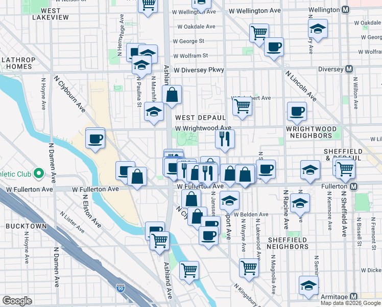 map of restaurants, bars, coffee shops, grocery stores, and more near 2442 North Greenview Avenue in Chicago
