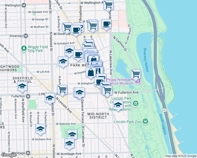 map of restaurants, bars, coffee shops, grocery stores, and more near 2504 North Clark Street in Chicago