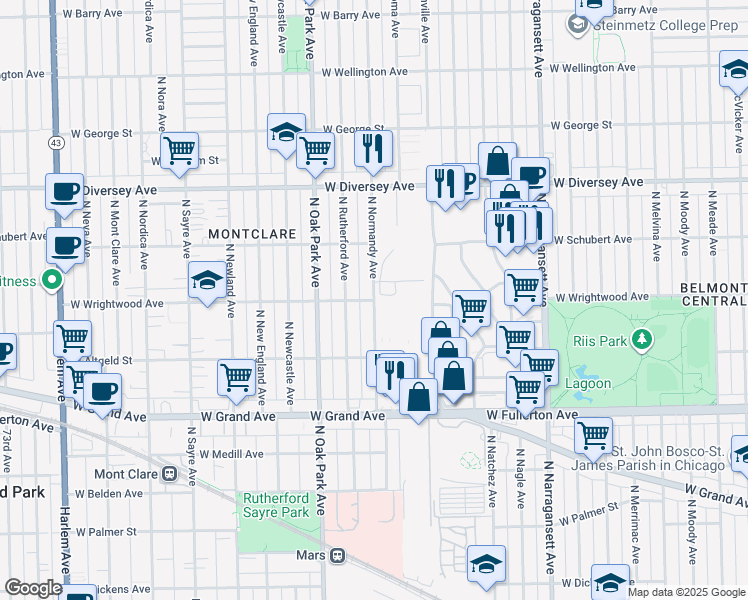 map of restaurants, bars, coffee shops, grocery stores, and more near 6701 West Wrightwood Avenue in Chicago