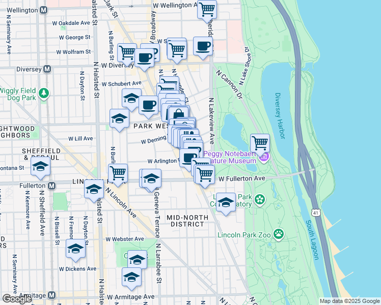 map of restaurants, bars, coffee shops, grocery stores, and more near 439 West Saint James Place in Chicago
