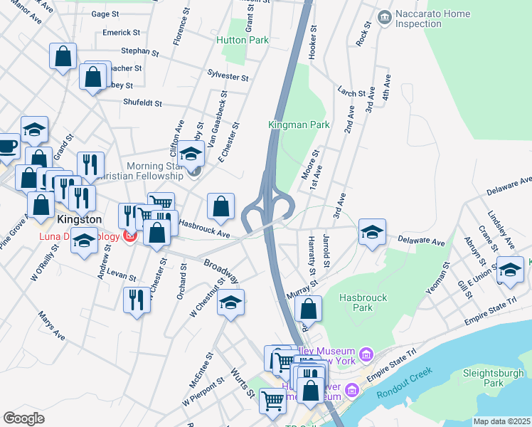 map of restaurants, bars, coffee shops, grocery stores, and more near Route 9W in Kingston