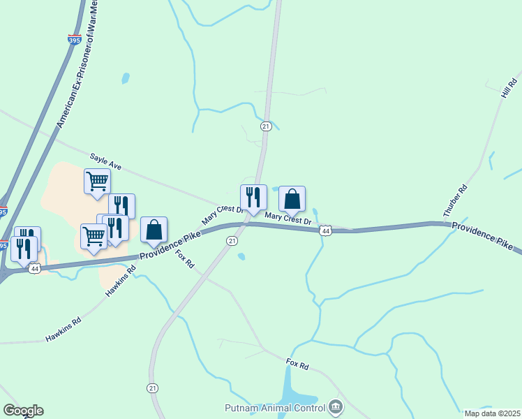 map of restaurants, bars, coffee shops, grocery stores, and more near 50 Mary Crest Drive in Putnam