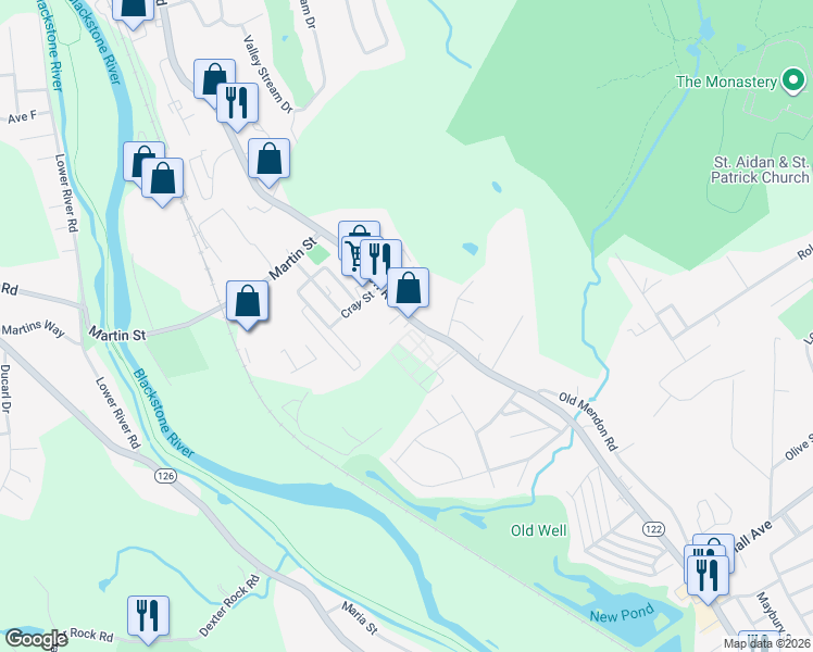 map of restaurants, bars, coffee shops, grocery stores, and more near 4 Cushing Street in Cumberland