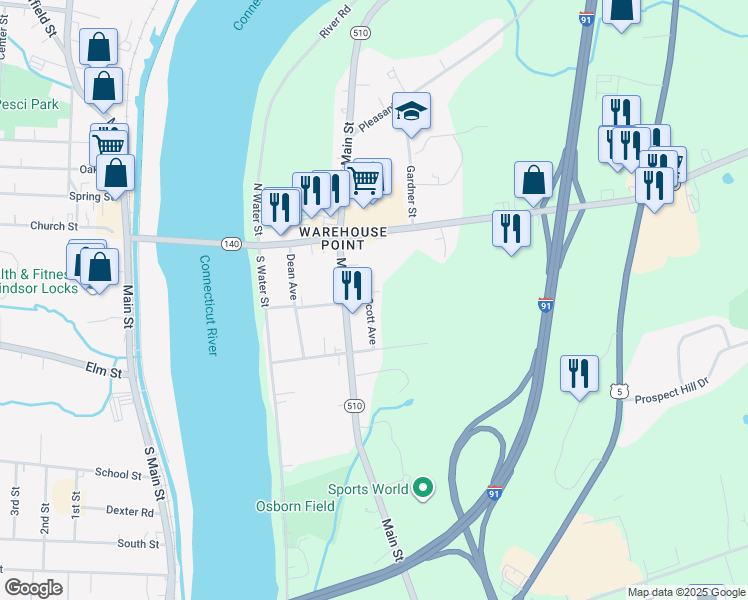 map of restaurants, bars, coffee shops, grocery stores, and more near 108 Main Street in East Windsor