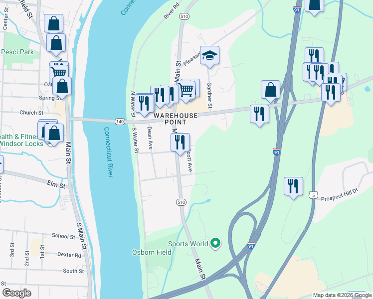 map of restaurants, bars, coffee shops, grocery stores, and more near 108 Main Street in East Windsor