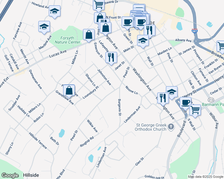 map of restaurants, bars, coffee shops, grocery stores, and more near 26 Johnston Avenue in Kingston