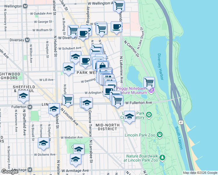 map of restaurants, bars, coffee shops, grocery stores, and more near 439 West Saint James Place in Chicago