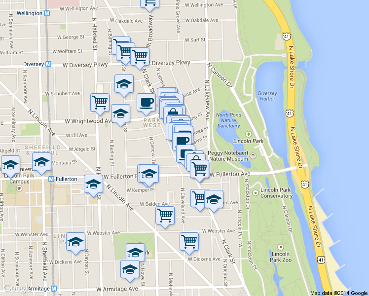 map of restaurants, bars, coffee shops, grocery stores, and more near 2504 North Clark Street in Chicago