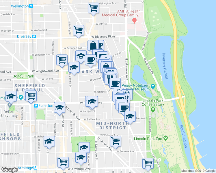 map of restaurants, bars, coffee shops, grocery stores, and more near 2504 North Clark Street in Chicago