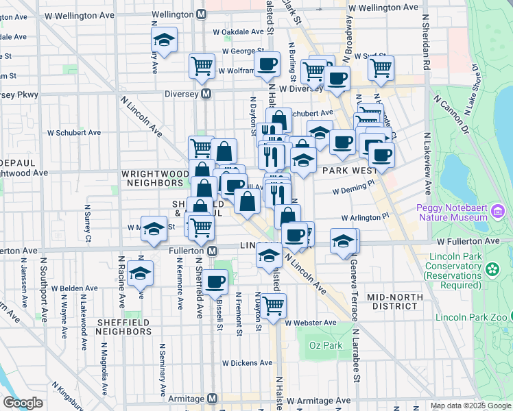 map of restaurants, bars, coffee shops, grocery stores, and more near 815 West Lill Avenue in Chicago