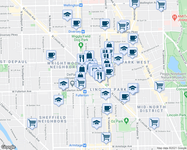 map of restaurants, bars, coffee shops, grocery stores, and more near 855 West Lill Avenue in Chicago