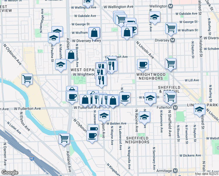 map of restaurants, bars, coffee shops, grocery stores, and more near 2531 North Southport Avenue in Chicago