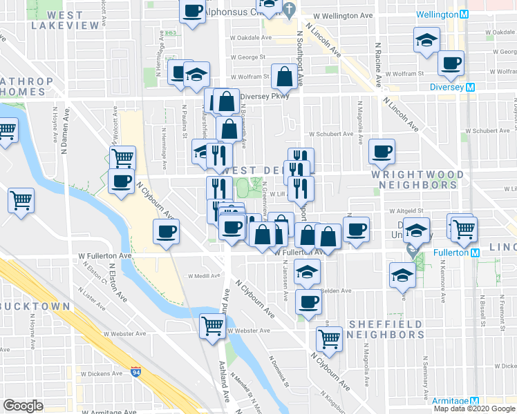 map of restaurants, bars, coffee shops, grocery stores, and more near 2534 North Greenview Avenue in Chicago