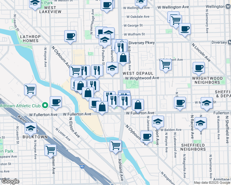 map of restaurants, bars, coffee shops, grocery stores, and more near 2537 North Marshfield Avenue in Chicago