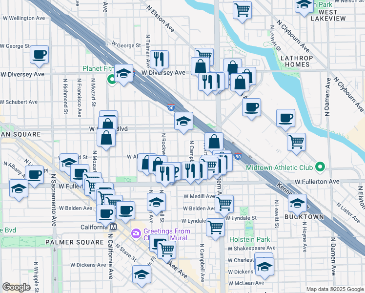 map of restaurants, bars, coffee shops, grocery stores, and more near 2535 West Logan Boulevard in Chicago