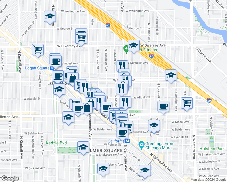 map of restaurants, bars, coffee shops, grocery stores, and more near 2839 West Logan Boulevard in Chicago